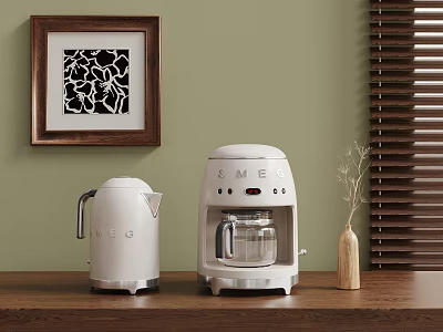 White SMEG Electric Kettle Coffee Machine On Wooden Counter With Green Wall Art And Blinds 3d model
