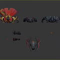 Robotic Characters With Various Colors Designs Golden Red Cape Gray Blue Helmet And Small Device