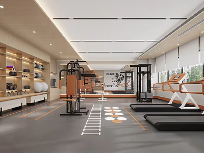 Modern Fitness Gym With Treadmills Dumbbells Yoga Balls And Open Workout Space 3d model