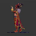 Mythical Horned Female Character In Red And Purple Armor Holding Flame Standing On Blue Platform