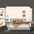Minimalist Bedroom Interior Design With White Bed Pillows Throw Blanket Framed Artworks And Area Rug
