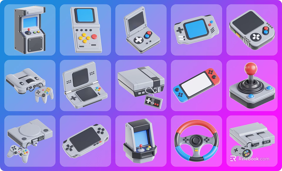 Various Retro and Modern Entertainment Electronics with Handheld Consoles Game Controllers and Steering Wheels 3d model 