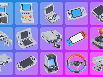 Various Retro and Modern Entertainment Electronics with Handheld Consoles Game Controllers and Steering Wheels 3d model