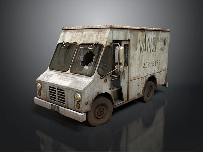 Old Rusty Van With Broken Window And Vans Text On Side 3d model