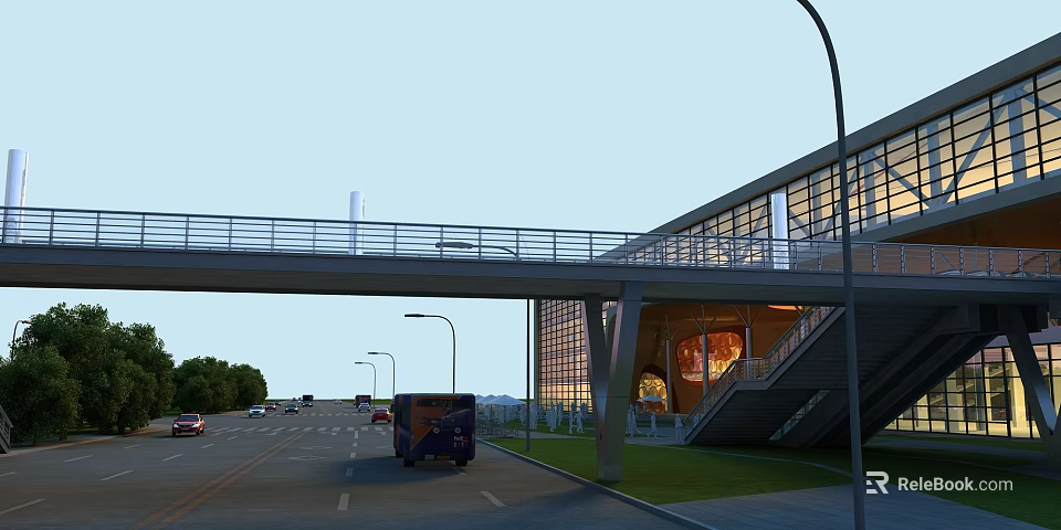 Pedestrian Bridge Over Urban Road With Vehicles Modern Building And Street Lamps 3d model 