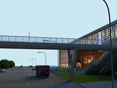 Pedestrian Bridge Over Urban Road With Vehicles Modern Building And Street Lamps 3d model