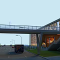 Pedestrian Bridge Over Urban Road With Vehicles Modern Building And Street Lamps