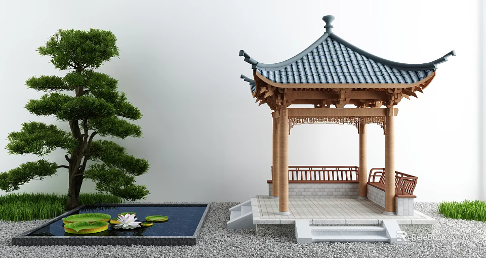 Serene Traditional Chinese Courtyard Garden With Blue Tiled Pavilion Pine Tree And Water Lily Pond 3d model 