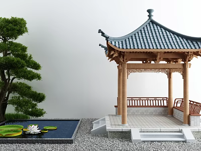 Serene Traditional Chinese Courtyard Garden With Blue Tiled Pavilion Pine Tree And Water Lily Pond 3d model