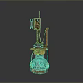 Turquoise Mechanical 3D Structure With Red Pipe Yellow Circular Elements And Sign