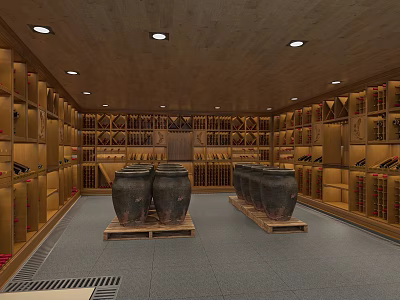 Wine Cellar Specialty Store with Wooden Wine Racks and Clay Jars 3d model