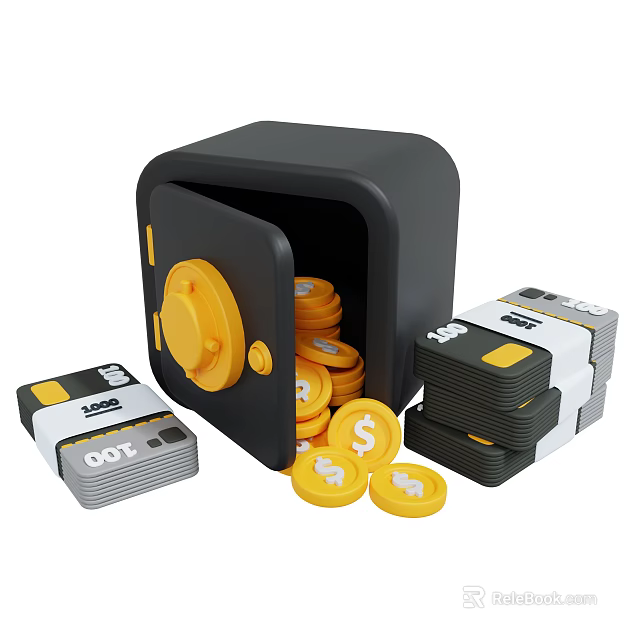 Smart Machine Safe Containing Gold Coins and Cash Stacks Inside 3d model
