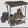 Rustic Wooden Market Stall Featuring Wooden Barrels Clay Jars And Metal Basin