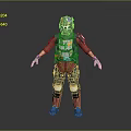 Futuristic Armored Character With Green Gold Helmet And Red Gray Body Armor