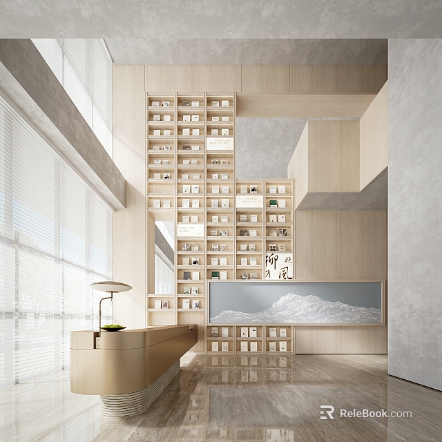 Artistic Book Space Interior With Minimalist Bookcases And Natural Light 3d model 
