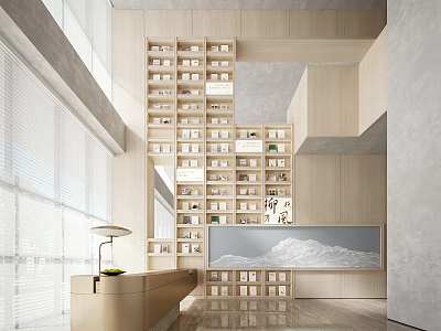 Artistic Book Space Interior With Minimalist Bookcases And Natural Light 3d model