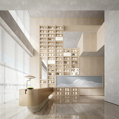 Artistic Book Space Interior With Minimalist Bookcases And Natural Light 3d model