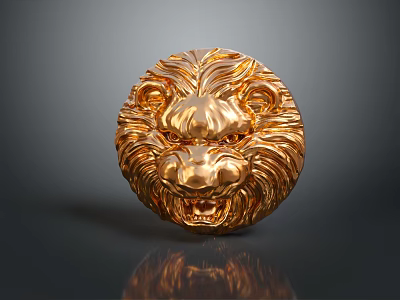 Shiny Golden Lion Head Sculpture With Detailed Metallic Mane And Reflective Surface 3d model
