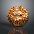 Shiny Golden Lion Head Sculpture With Detailed Metallic Mane And Reflective Surface