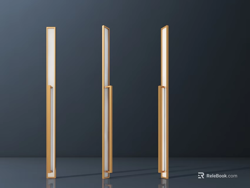 Three Golden Long Strip Modern Design Door Handles With Metal Finish On Dark Background 3d model 