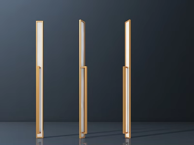 Three Golden Long Strip Modern Design Door Handles With Metal Finish On Dark Background 3d model