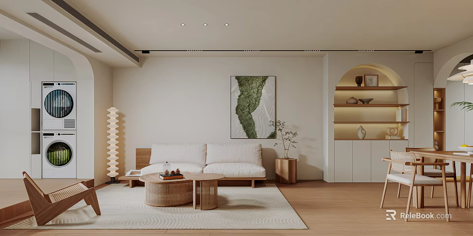 Modern Minimalist Living And Dining Room Interior With Sofa Coffee Table Wall Art And Shelves 3d model 