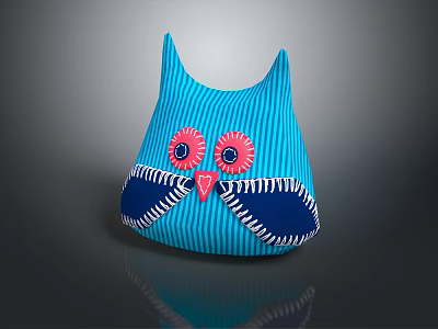 Owl Shaped Blue Striped Pillow With Pink Eyes And Stitched Details 3d model
