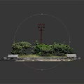 Scenic Octagonal Park Area With Green Grass Bushes Street Lamp And Benches