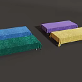 Colorful Rectangular Benches With Blue Green Purple Yellow Fabric Covers On Dark Background