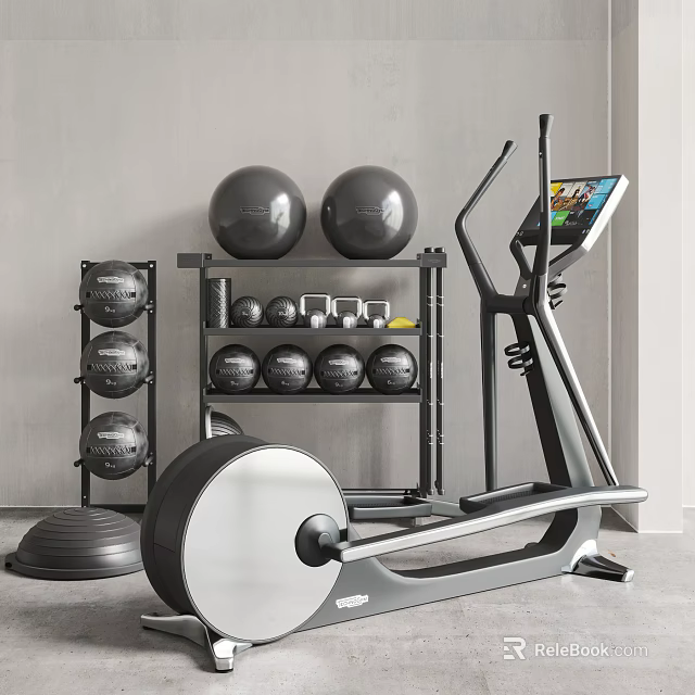 Modern Home Gym Sports Equipment with Elliptical Machine Medicine Balls and Storage Rack 3d model 