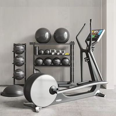 Modern Home Gym Sports Equipment with Elliptical Machine Medicine Balls and Storage Rack 3d model
