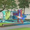 Colorful Children's Play Area With Slides Spinning Structures And Green Trees