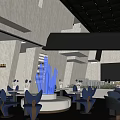 Modern Sales Office Interior Design With Blue Sculpture Tables Chairs And Lighting