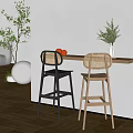 Modern Bar Counter With Two Bar Stools Vase Oranges Green Plants White Wall And Wooden Floor