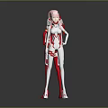Two Pink Haired Characters in Red White Form Fitting Suits with Mechanical Details Gray Background