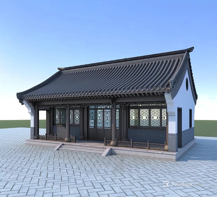 Traditional Chinese Ancient Building with Tiled Roof Carved Windows and White Walls 3d model 