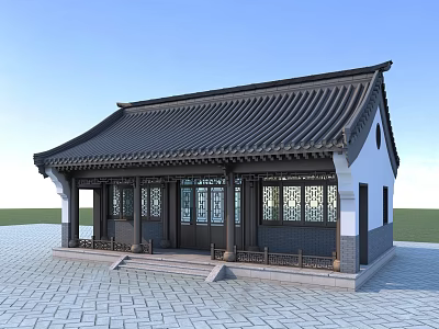 Traditional Chinese Ancient Building with Tiled Roof Carved Windows and White Walls 3d model
