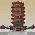 Traditional Chinese Multi story Pagoda Architectural Design With Green Roof And Surrounding Buildings