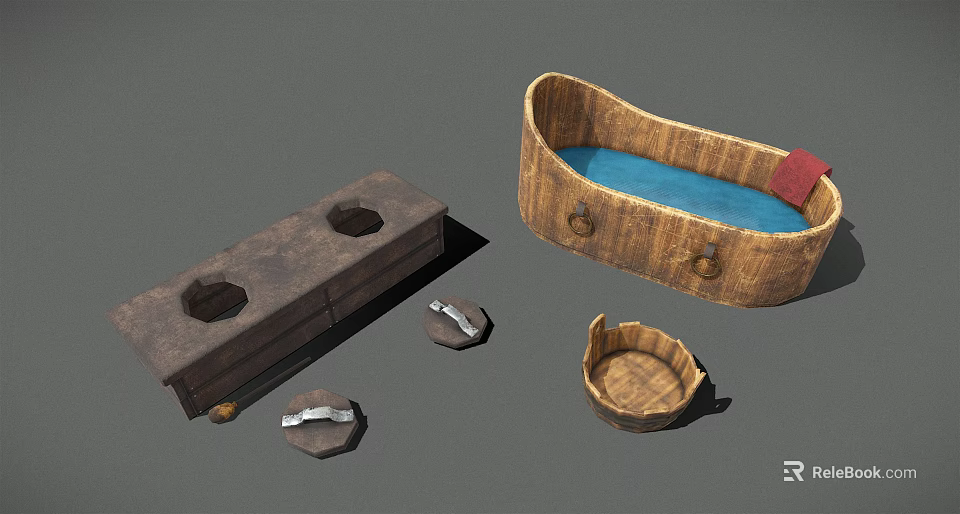 Wooden Containers Set With Tub Shaped Design Blue Liquid And Small Accessories 3d model 