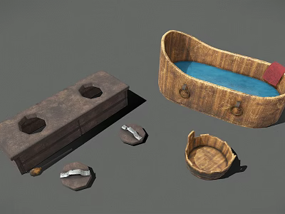 Wooden Containers Set With Tub Shaped Design Blue Liquid And Small Accessories 3d model