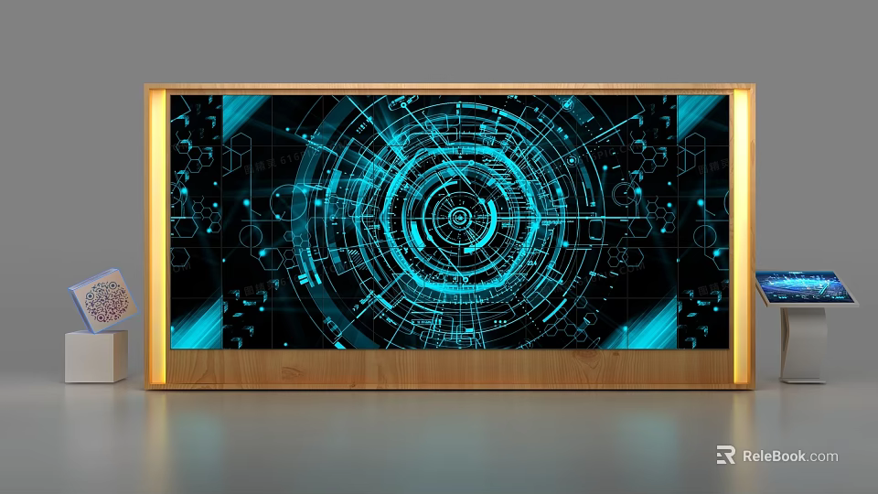 Modern Display Shelf With Blue Glowing Tech Inspired Pattern And Wooden Frame 3d model 