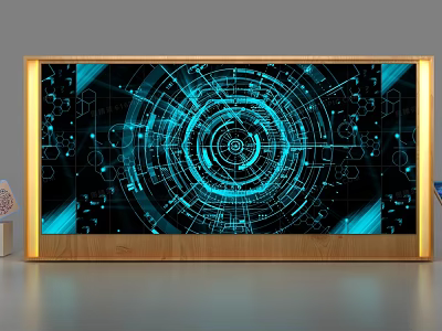 Modern Display Shelf With Blue Glowing Tech Inspired Pattern And Wooden Frame 3d model