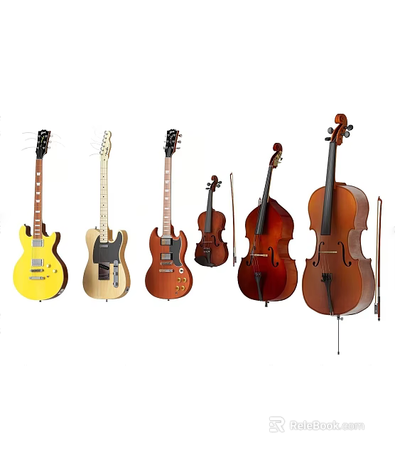 Diverse Musical Instruments Collection Featuring Guitars Violins And Cellos 3d model 