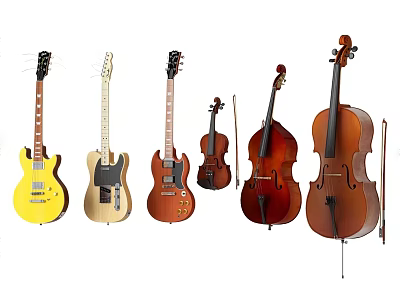 Diverse Musical Instruments Collection Featuring Guitars Violins And Cellos 3d model