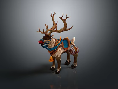 Ornamental Reindeer Figurine With Large Antlers Blue Saddle And Colorful Decorations 3d model