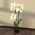 Floral Display with White Flowers Yellow Centers Green Leaves in Brown Vase on Light Background