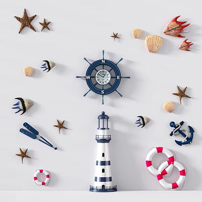Marine Themed Decorative Hanging Ornaments With Ship Wheel Lighthouse Seashells Starfish Anchor And Lifebuoys 3d model