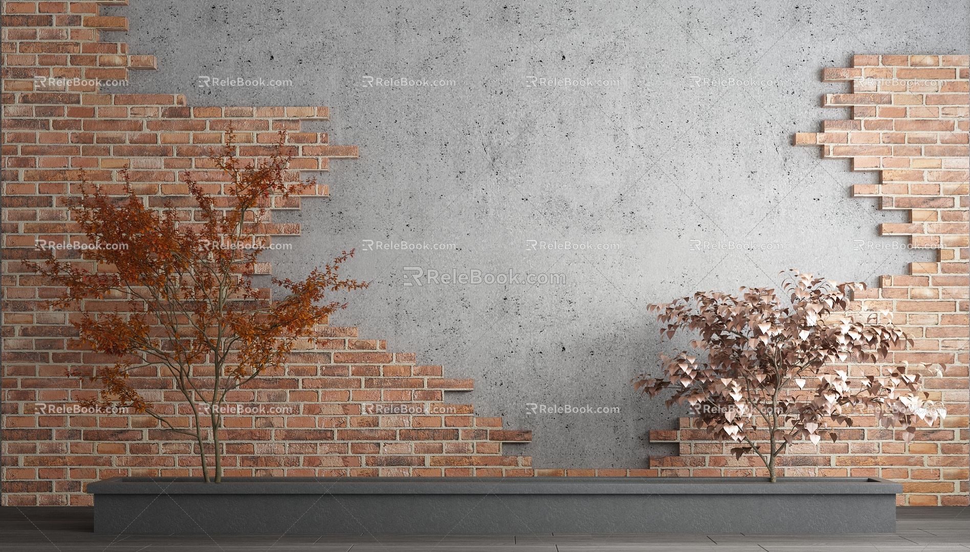 Modern wall red brick wall plant combination 3d model