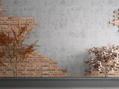 Gray Wall with Exposed Bricks Red Leaf Tree Left Copper Leaf Tree Right and Black Floor 3d model