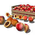 Fresh Ripe Peaches in Wooden Crate with Whole and Sliced Fruits Displaying Pits